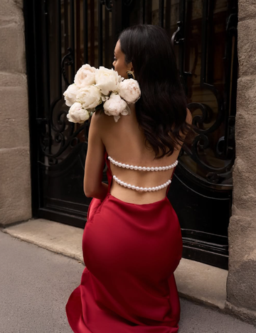 Sexy Burgundy A Line Halter Pearl Satin Open Back Prom Dress Party Dress Formal Dress HZ1023